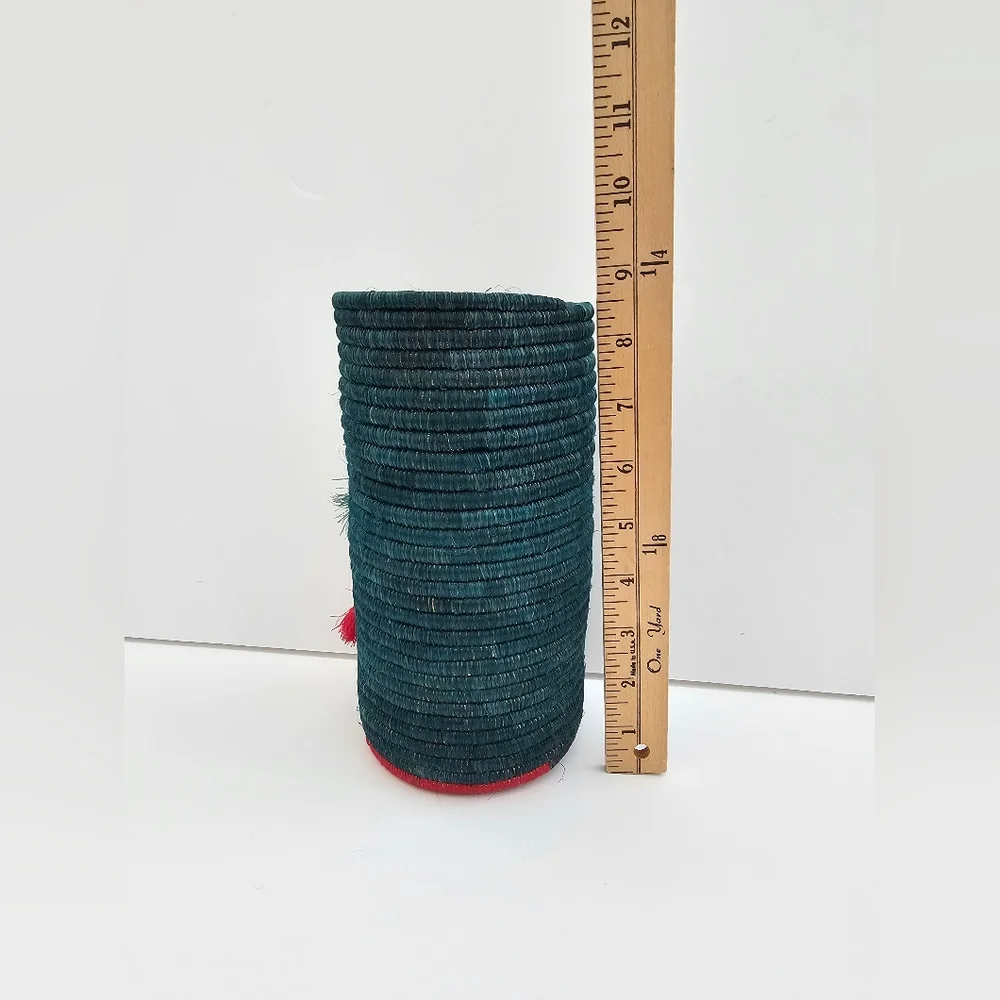 Handmade Rwandan Coiled Sisal Basket Vase Teal with Layered Tassels Boho Art